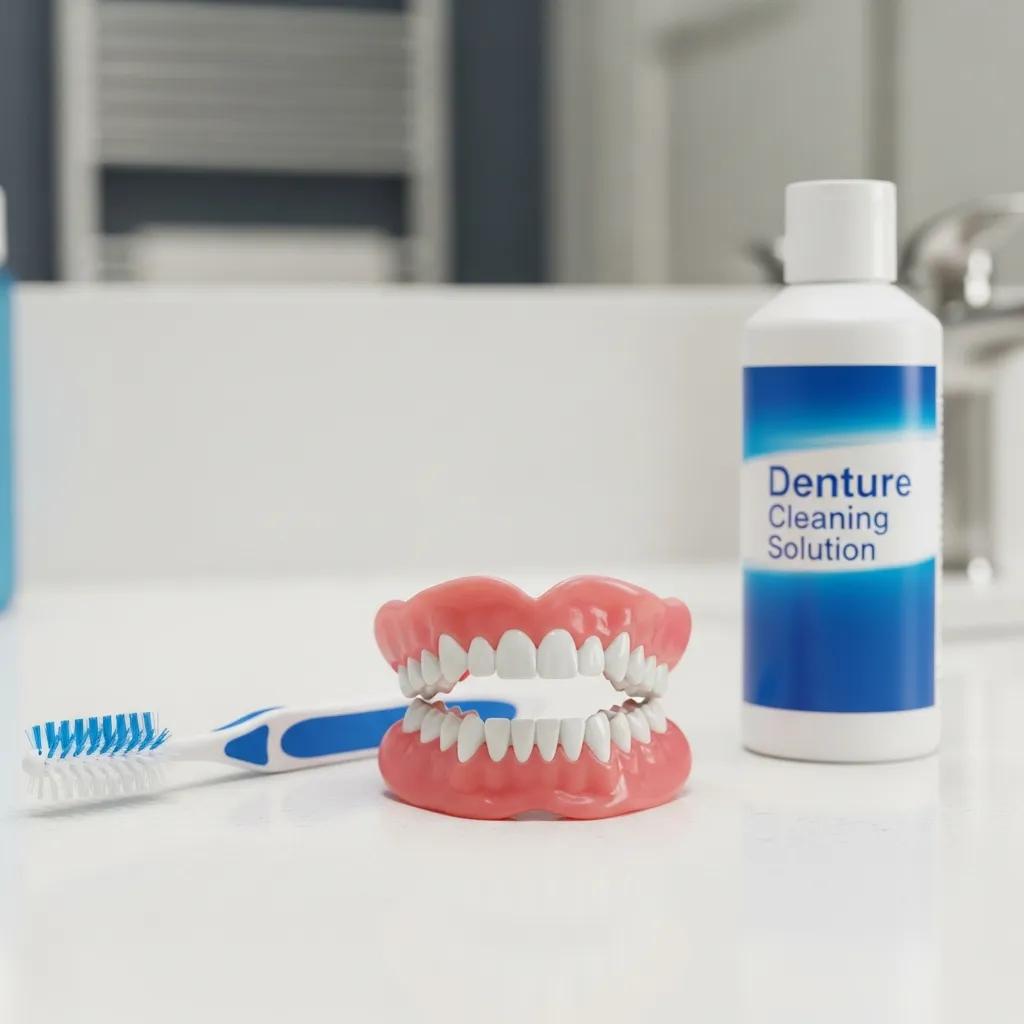 Clean dentures with a denture brush and cleaning solution on a bathroom counter