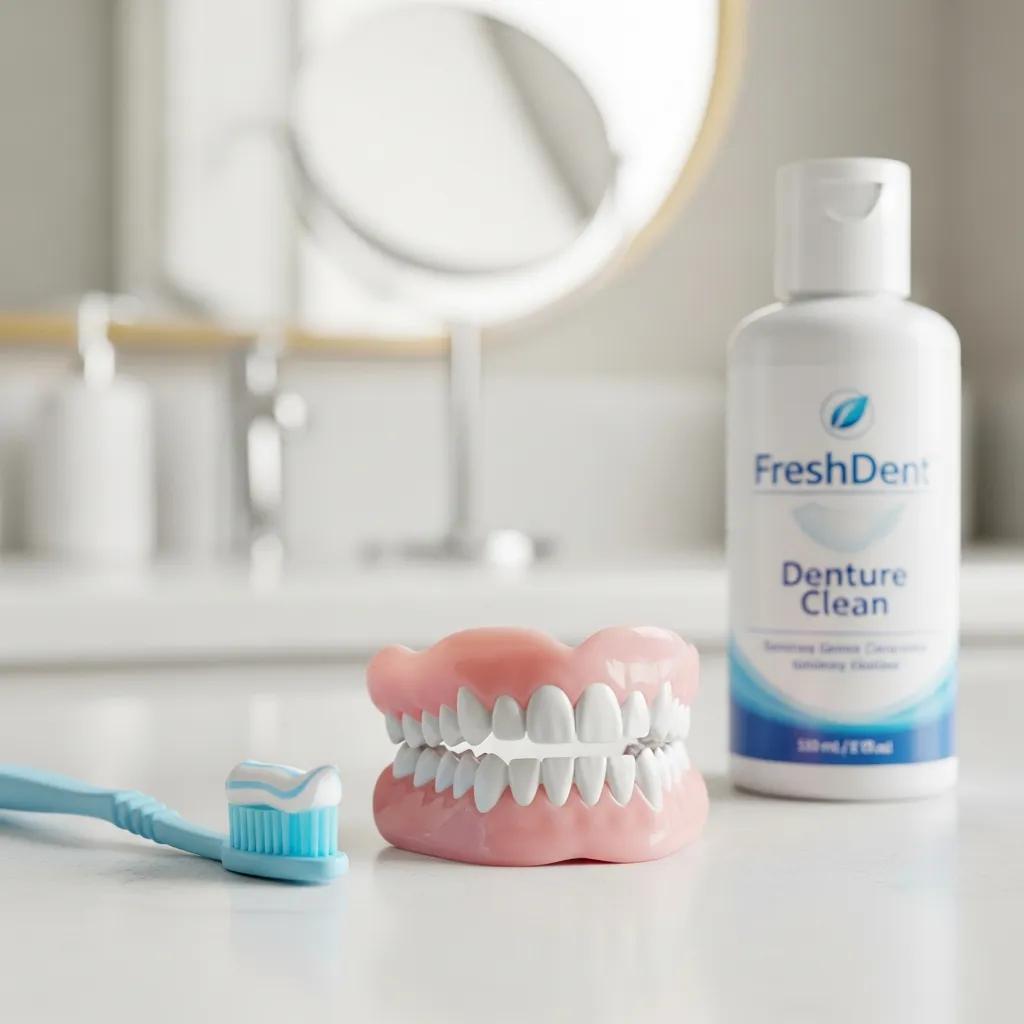 Clean dentures with a toothbrush and cleanser on a bathroom counter, emphasizing denture hygiene