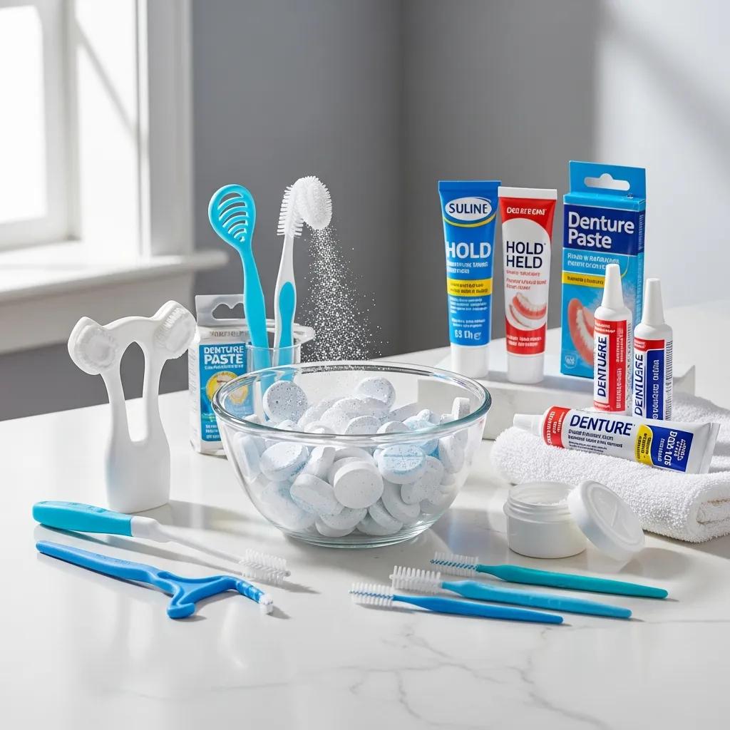 Denture care products including cleaning tablets, brushes, and adhesives for effective oral hygiene