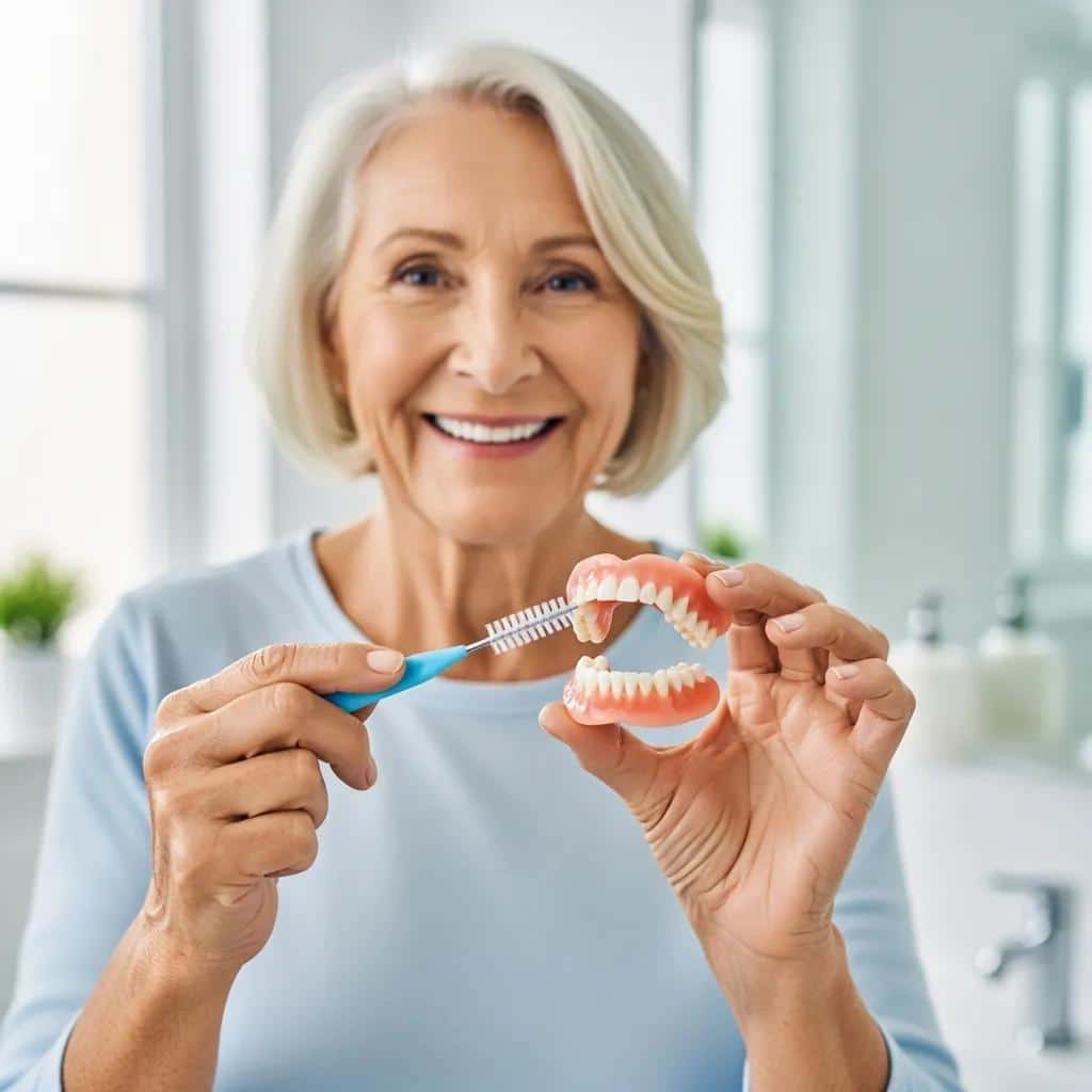 Smiling older adult holding clean dentures and a denture brush in a bright bathroom