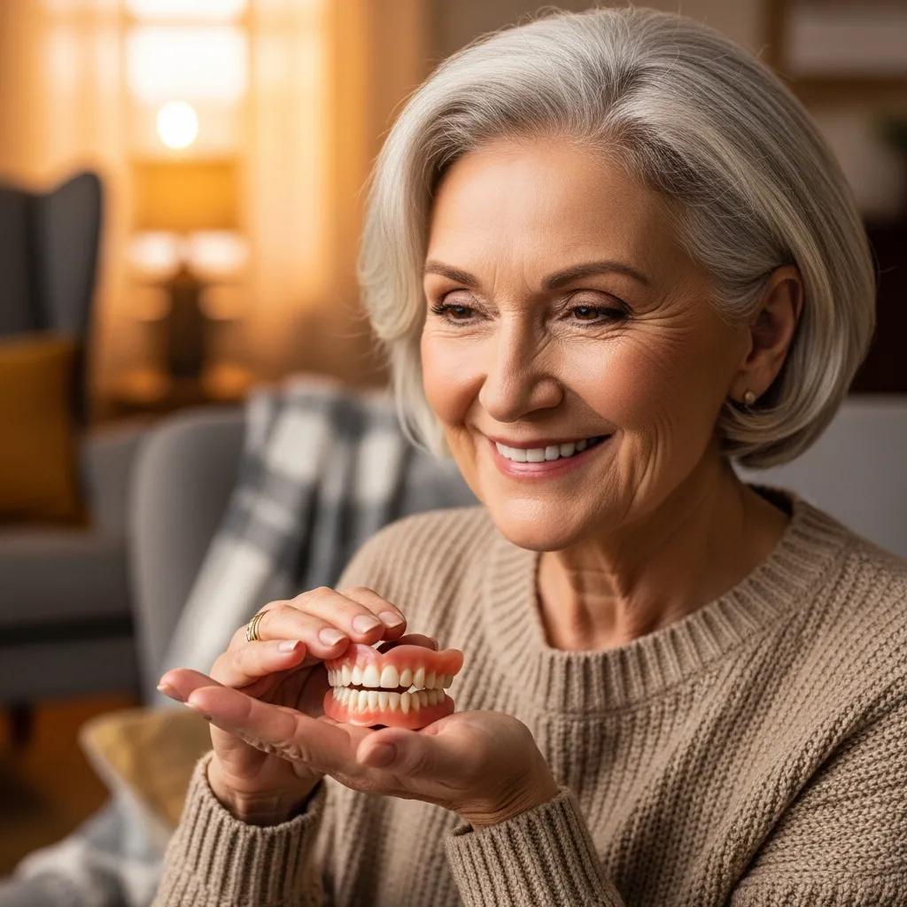 Smiling older adult holding dentures in a cozy living room, representing the first-time denture experience